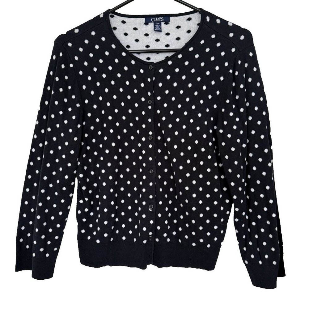 CHAPS Womens Black White Polka Dot Cardigan Sweater Size L Layering Retro Preppy